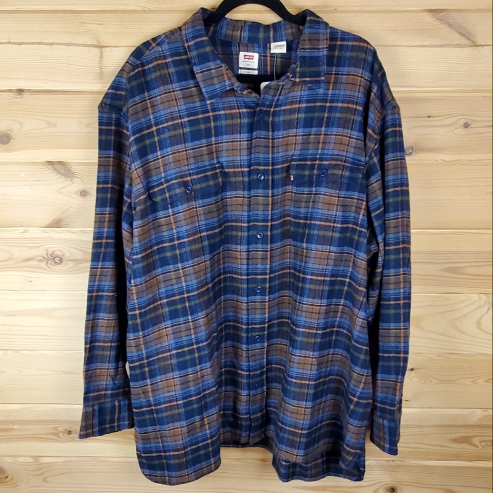 Levi's Relaxed Fit Blue and Brown Plaid Button Up‎ Heavy Shirt Size 3XL